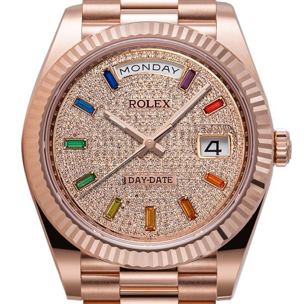 Rolex Day-Date 40 228235 Rose Gold Custom Diamond Paved / Rainbow Dial