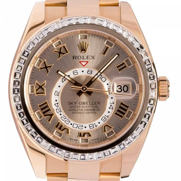 Rolex Sky-Dweller 18K Everose Gold Watch Sundust Dial 326935 Diamond Bezel