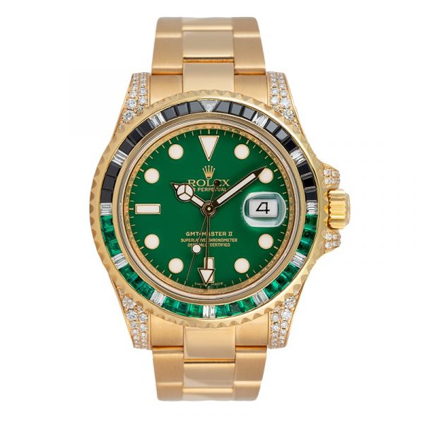 Custom Diamond Set Rolex GMT-Master II Yellow Gold Green/Black Bezel 116718LN