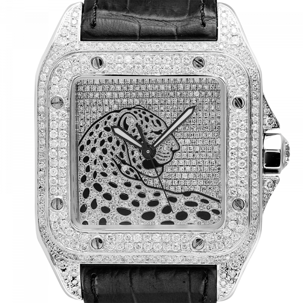 Cartier Santos 100 L Panthère Diamond Set Custom Watch Black Leather Strap W20073X8