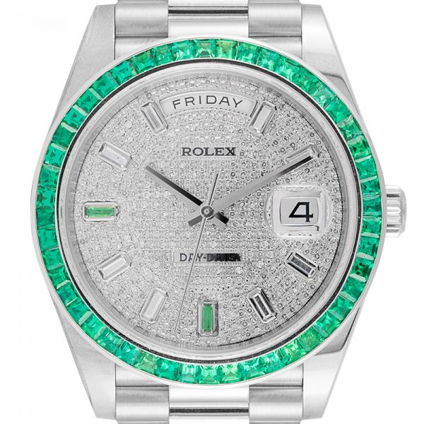 Rolex Day-Date 40 18ct White Gold Custom Diamond Paved Dial Custom Green Bezel 228239
