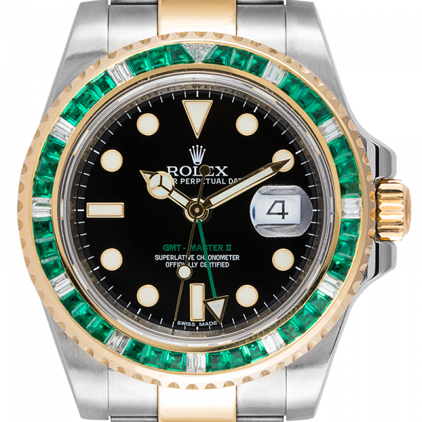 Rolex GMT-Master II Steel and Yellow Gold with custom Green Emerald bezel 116713LN