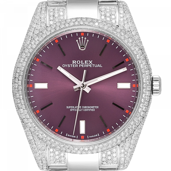Custom Diamond Set Rolex Oyster Perpetual 39 Stainless Steel Red Grape 114300