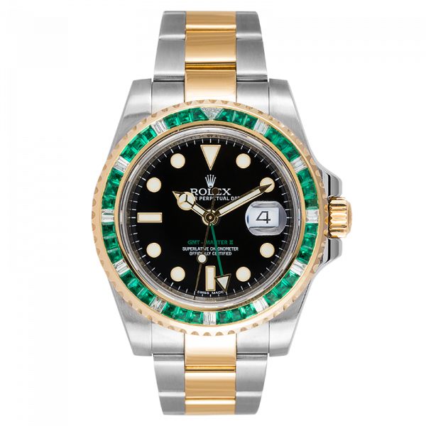 Rolex GMT-Master II Steel and Yellow Gold with custom Green Emerald bezel 116713LN