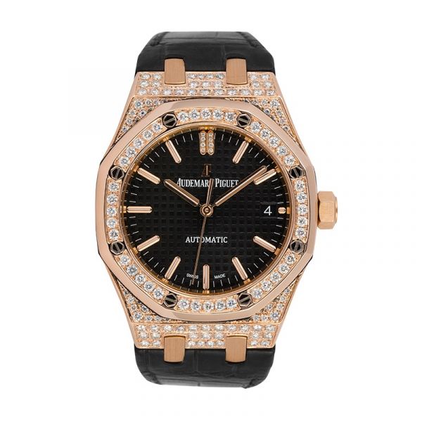 Custom Diamond Set Audemars Piguet Royal Oak 37mm Rose Gold Black Dial Watch