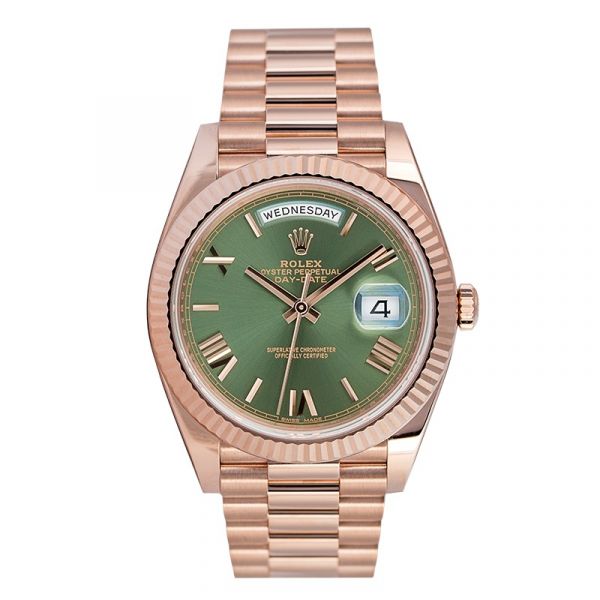 Rolex Day-Date 40 Everose Gold Olive Green/Roman President 228235