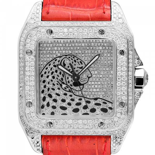 Cartier Santos 100 L Panthère Diamond Set Custom Watch Red Leather Strap W20073X8