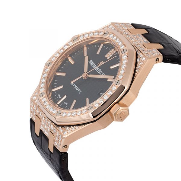 Custom Diamond Set Audemars Piguet Royal Oak 37mm Rose Gold Black Dial Watch