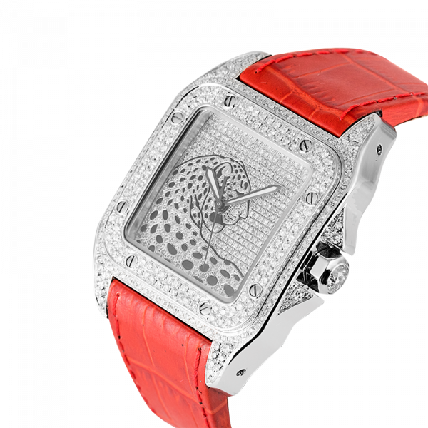 Cartier Santos 100 L Panthère Diamond Set Custom Watch Red Leather Strap W20073X8
