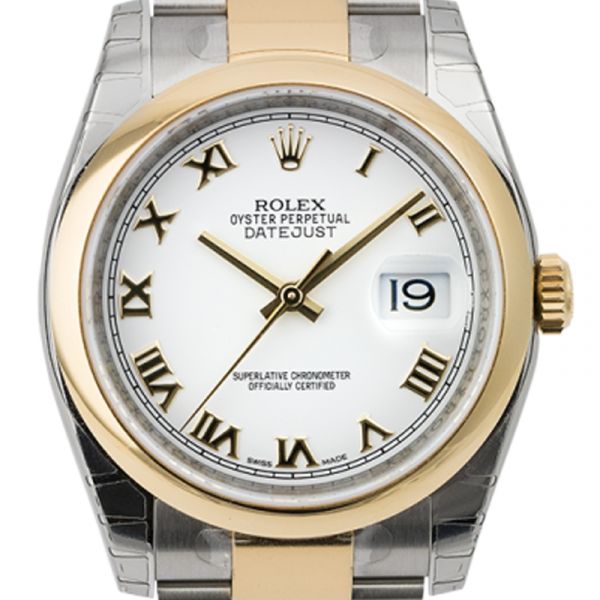 Rolex DateJust 36mm Yellow Gold and Steel White/Roman 116203