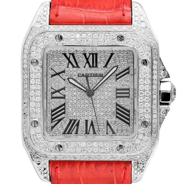 Cartier Santos 100 L Diamond Set Custom Watch Red Leather Strap W20073X8